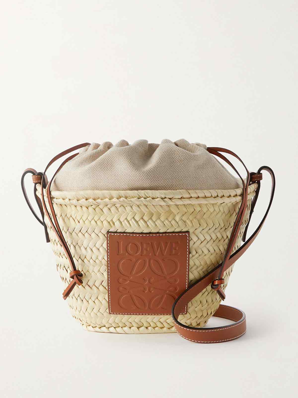 + Paula's Ibiza leather-trimmed raffia bucket bag LOEWE