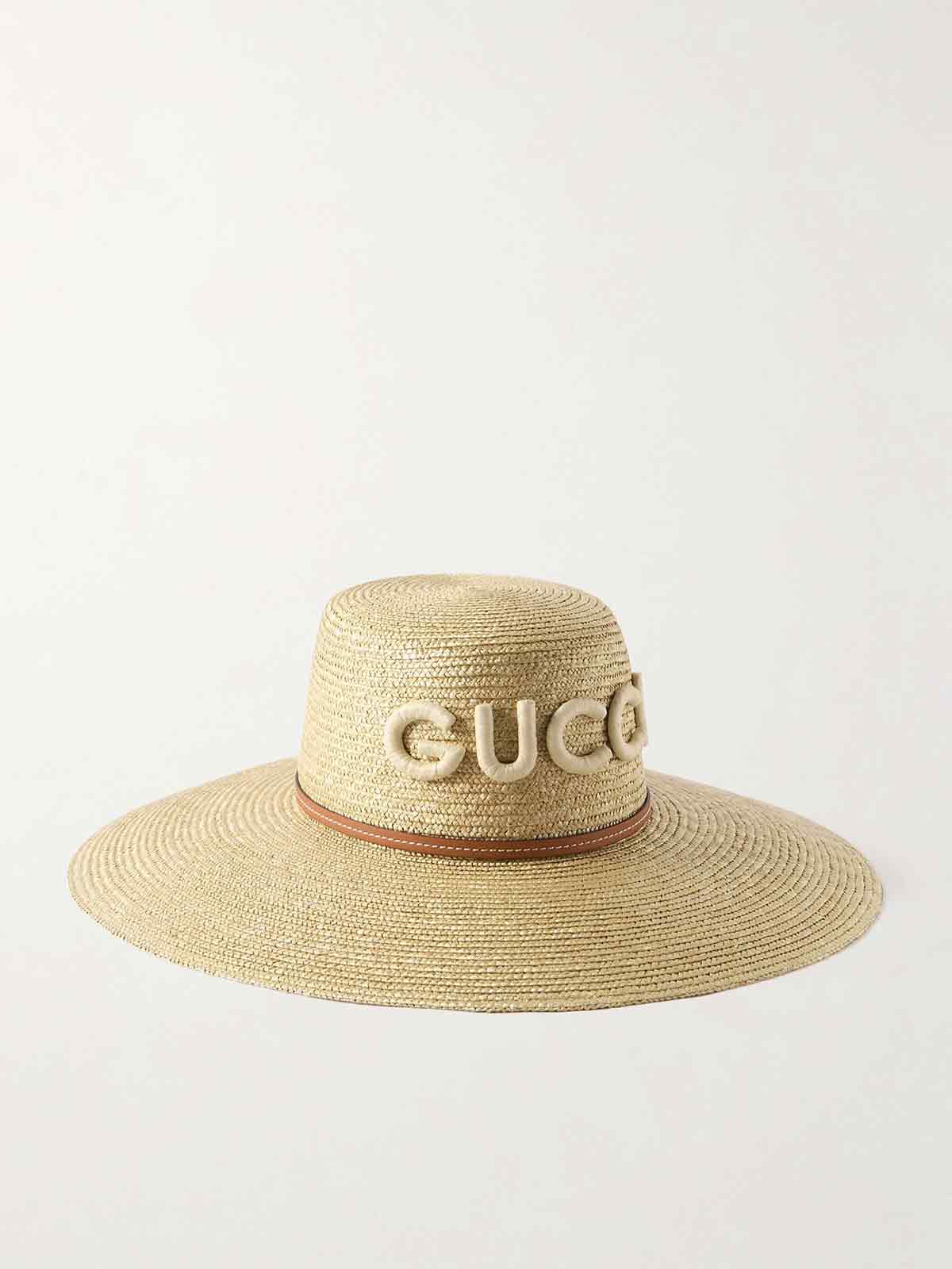 Appliquéd leather-trimmed straw hat GUCCI