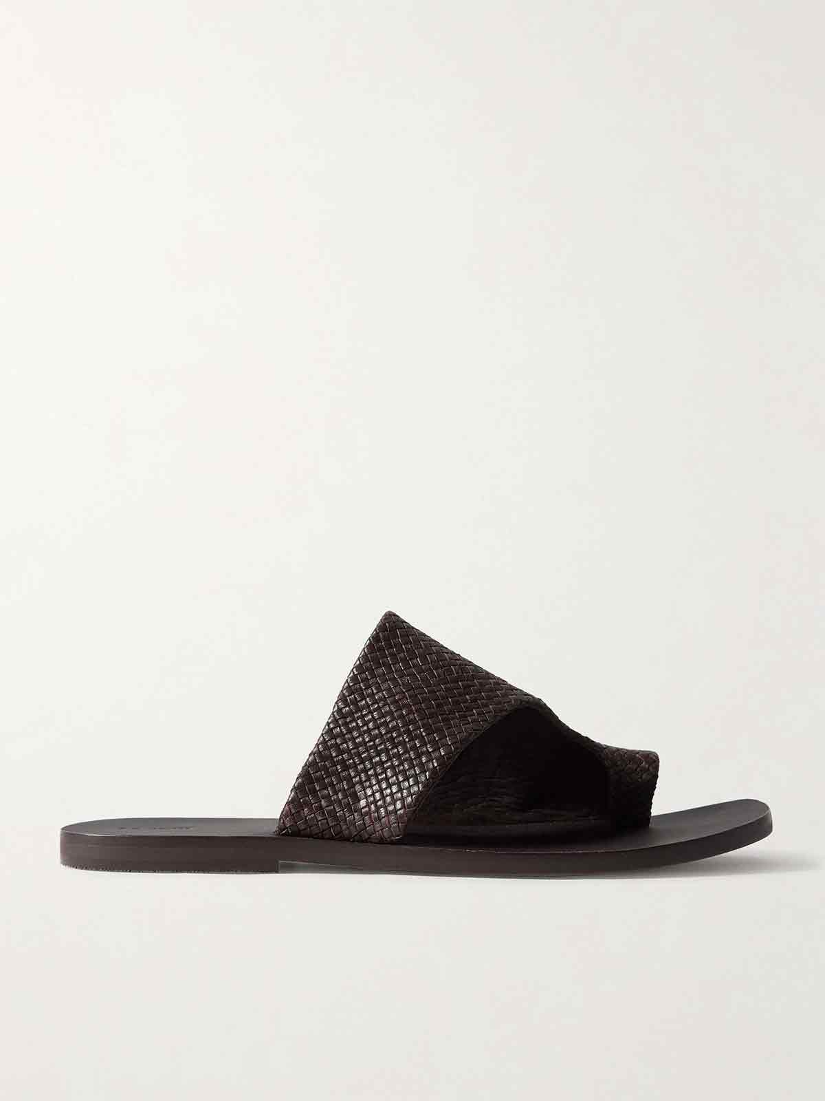 Asymmetric woven leather slides ST. AGNI