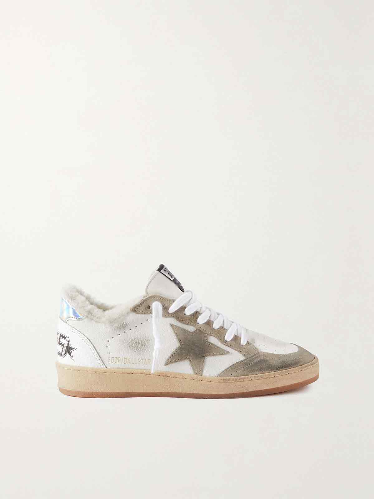 Ball Star shearling-lined distressed suede-trimmed leather sneakers GOLDEN GOOSE