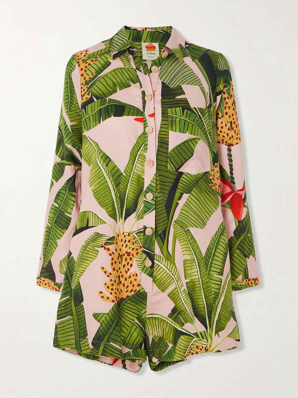 Banana Leaves printed linen-blend playsuit FARM RIO