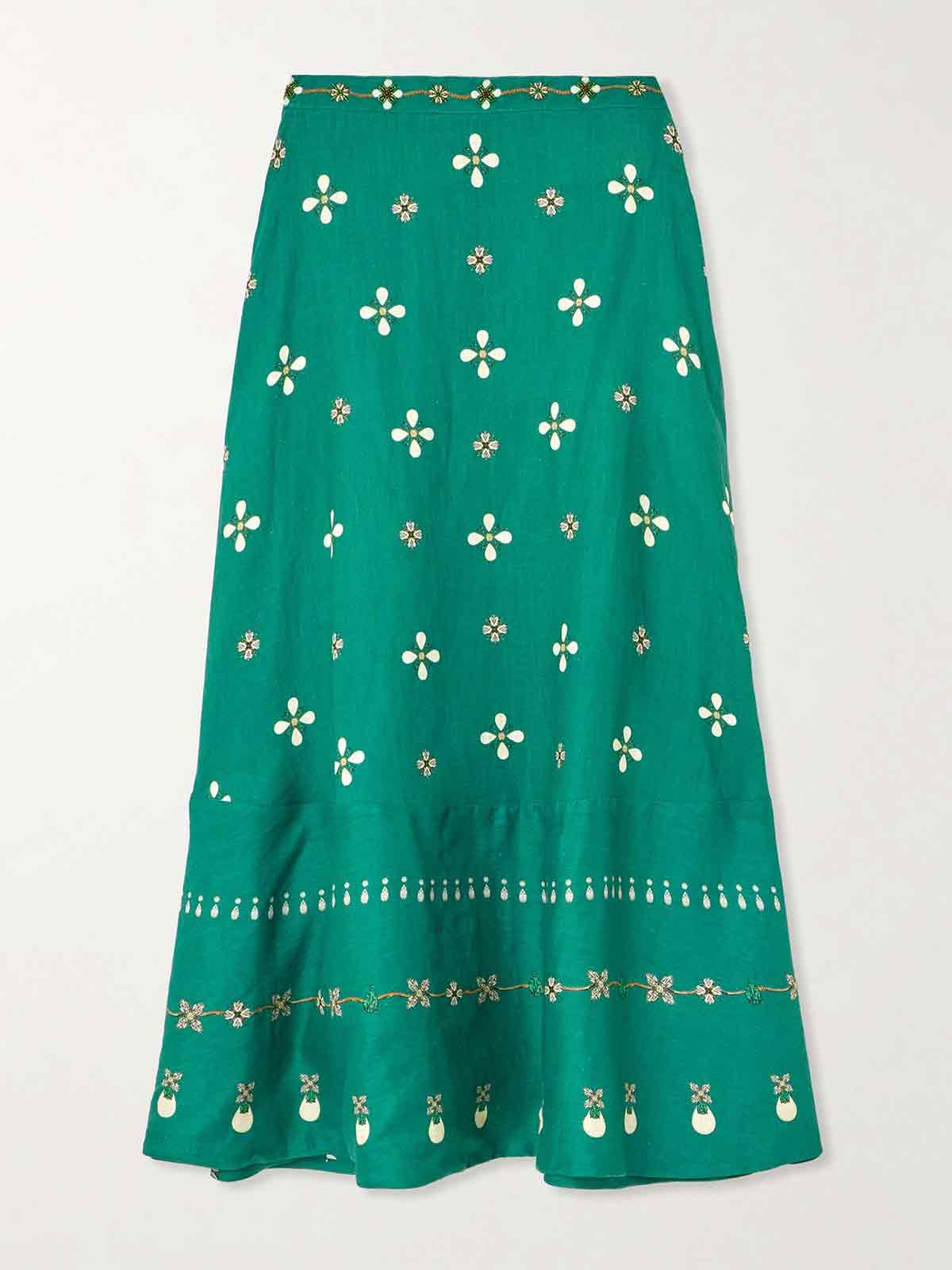 Bel Mar Esmeralda paneled embroidered printed linen maxi skirt AGUA BY AGUA BENDITA