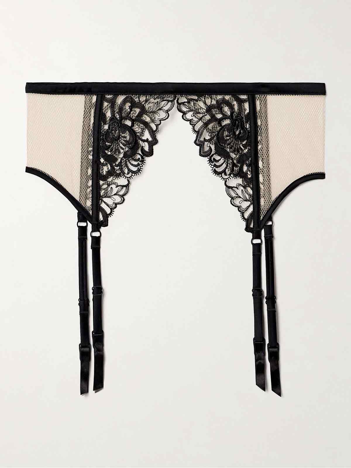 Cezanne silk-satin trimmed embroidered tulle suspender belt KIKI DE MONTPARNASSE