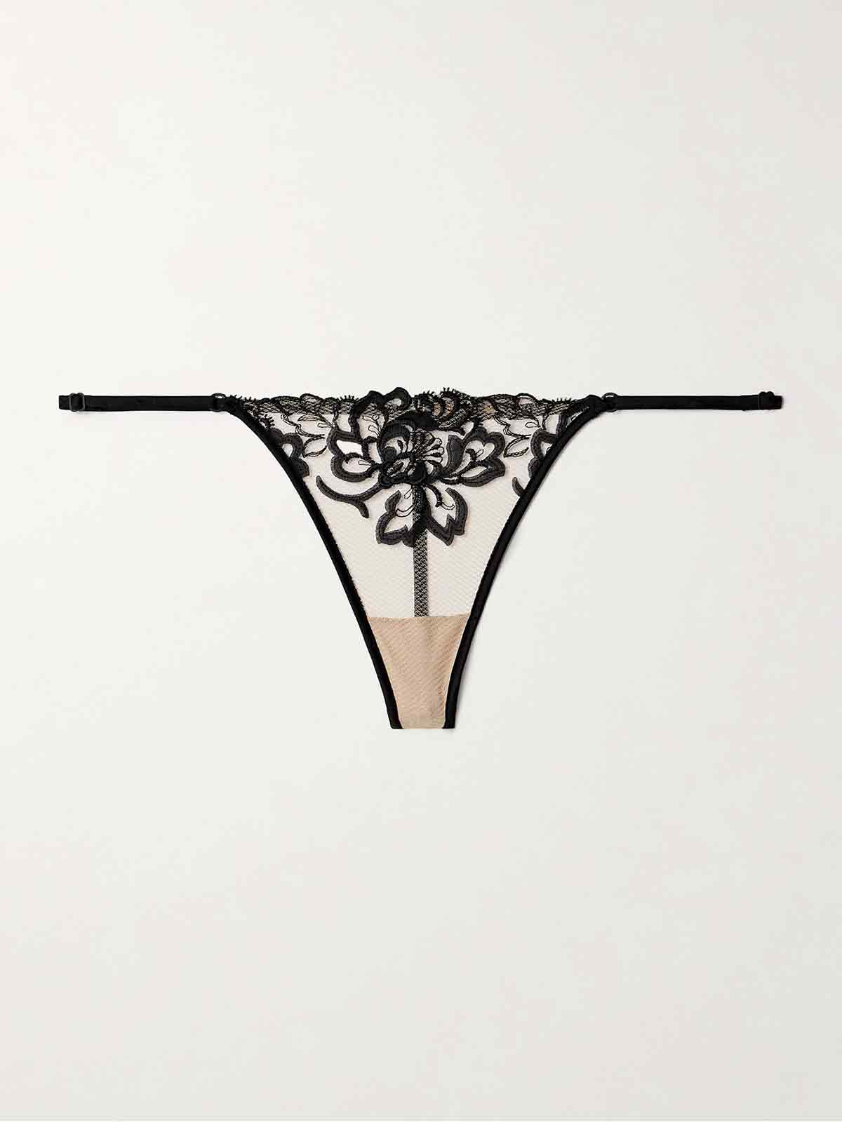 Cezanne silk-satin trimmed embroidered tulle thong KIKI DE MONTPARNASSE