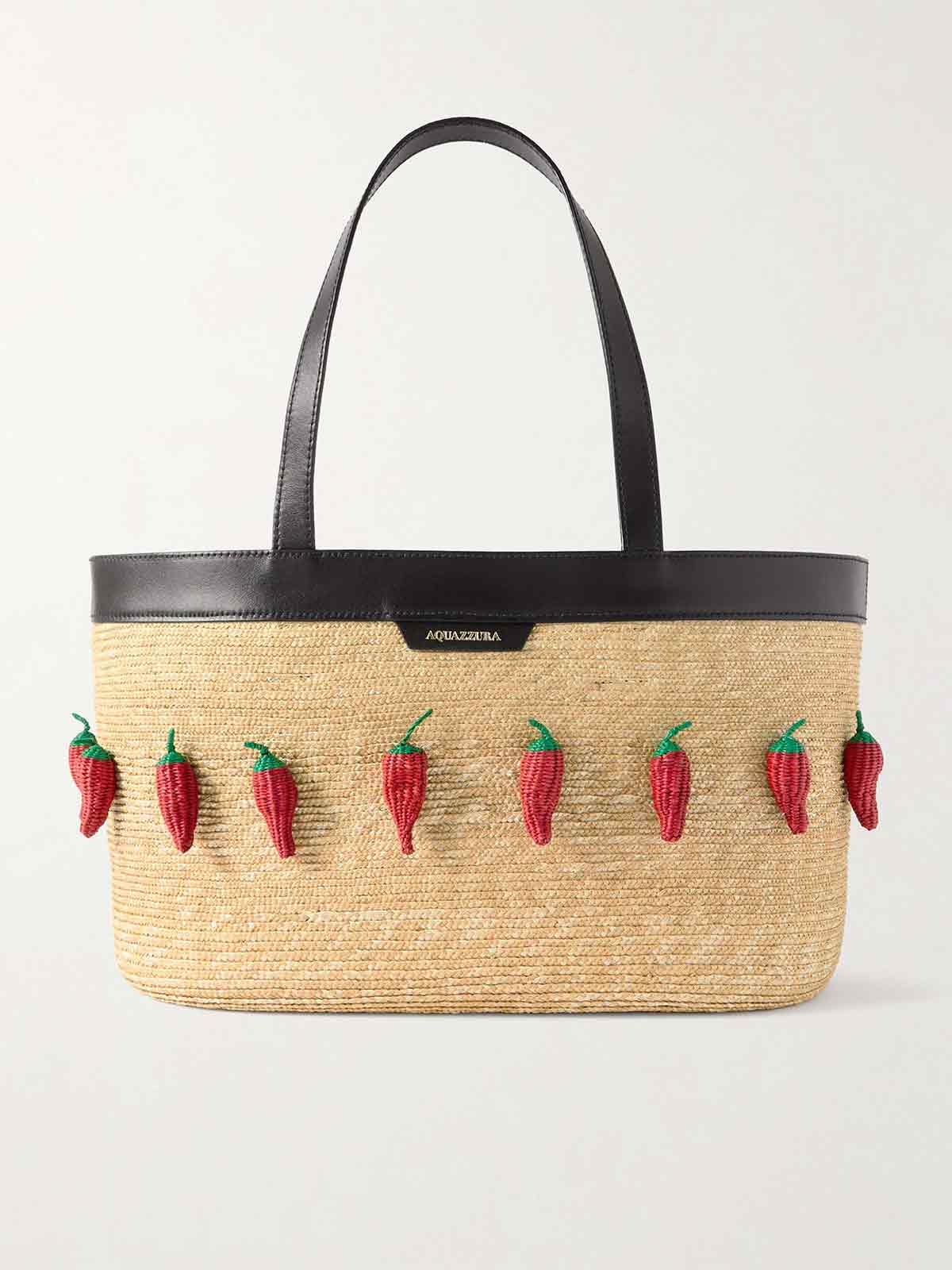 Chilli leather-trimmed embellished raffia tote AQUAZZURA