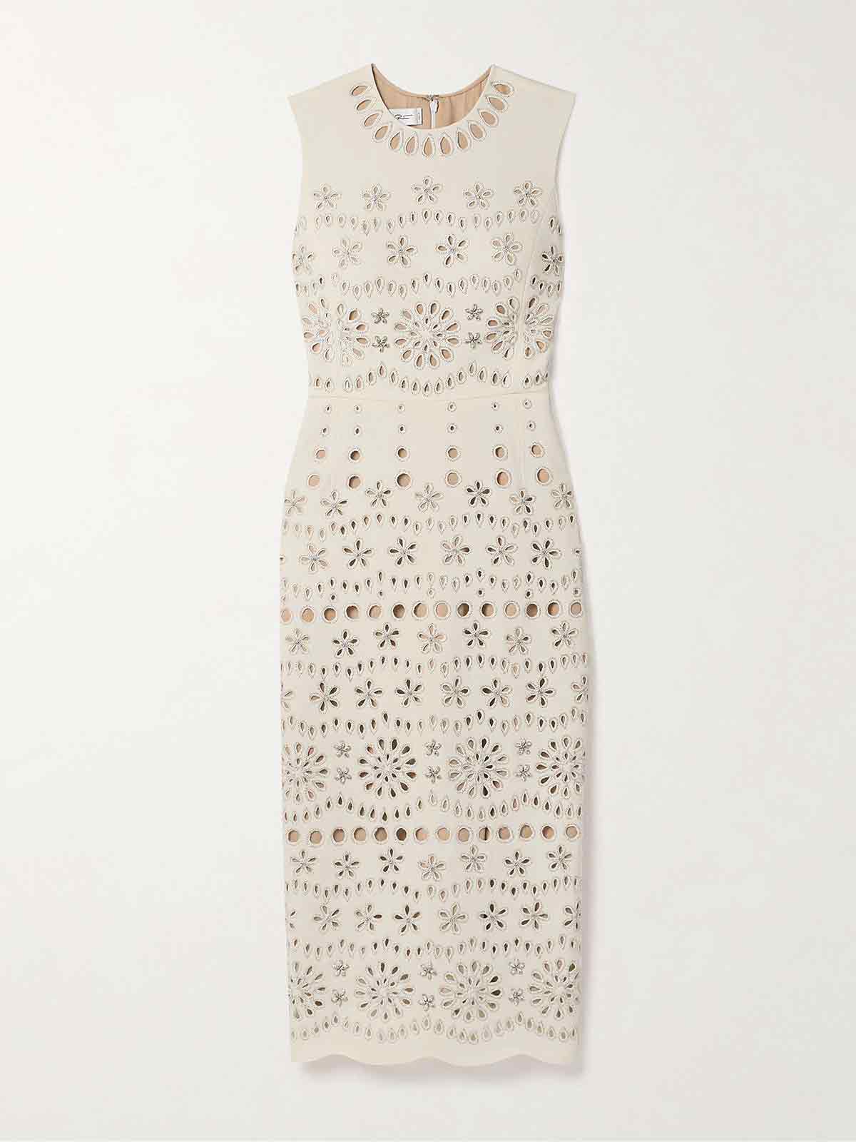 Crystal-embellished broderie anglaise wool-blend crepe midi dress OSCAR DE LA RENTA