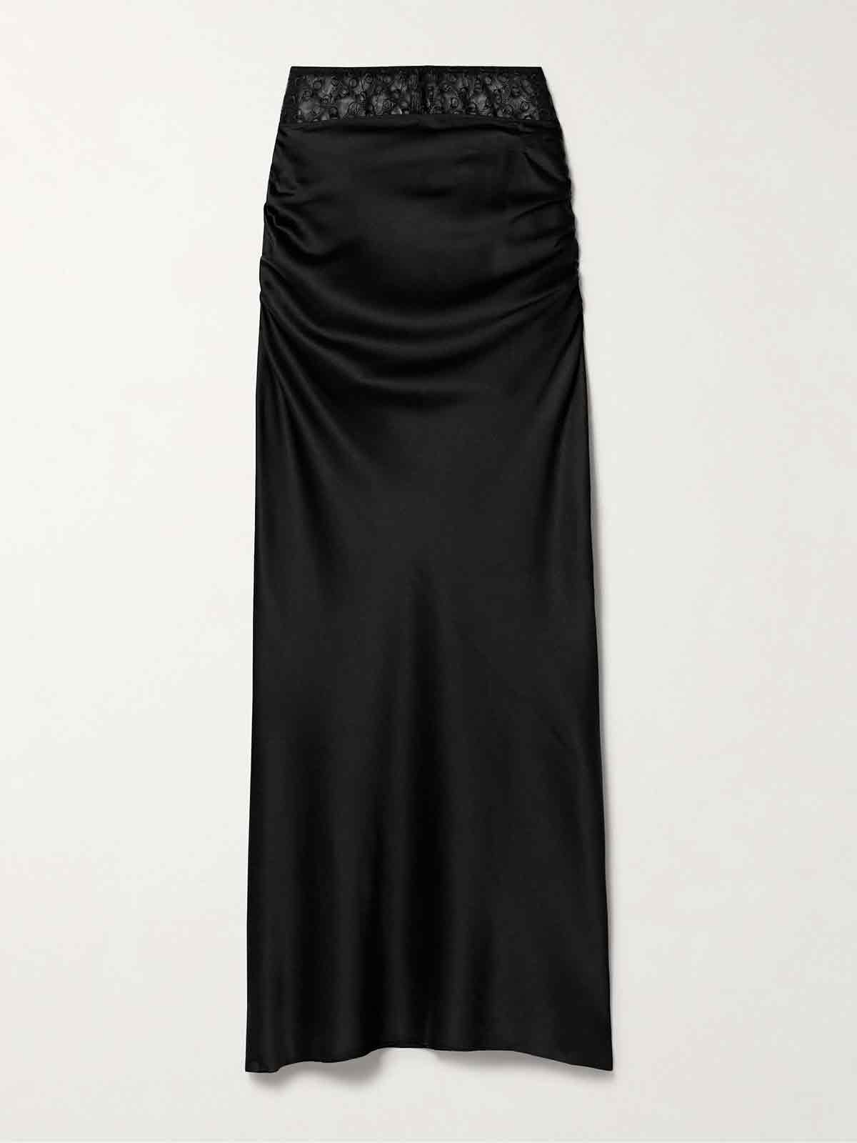 Embroidered tulle-trimmed ruched silk-blend satin maxi skirt KIKI DE MONTPARNASSE