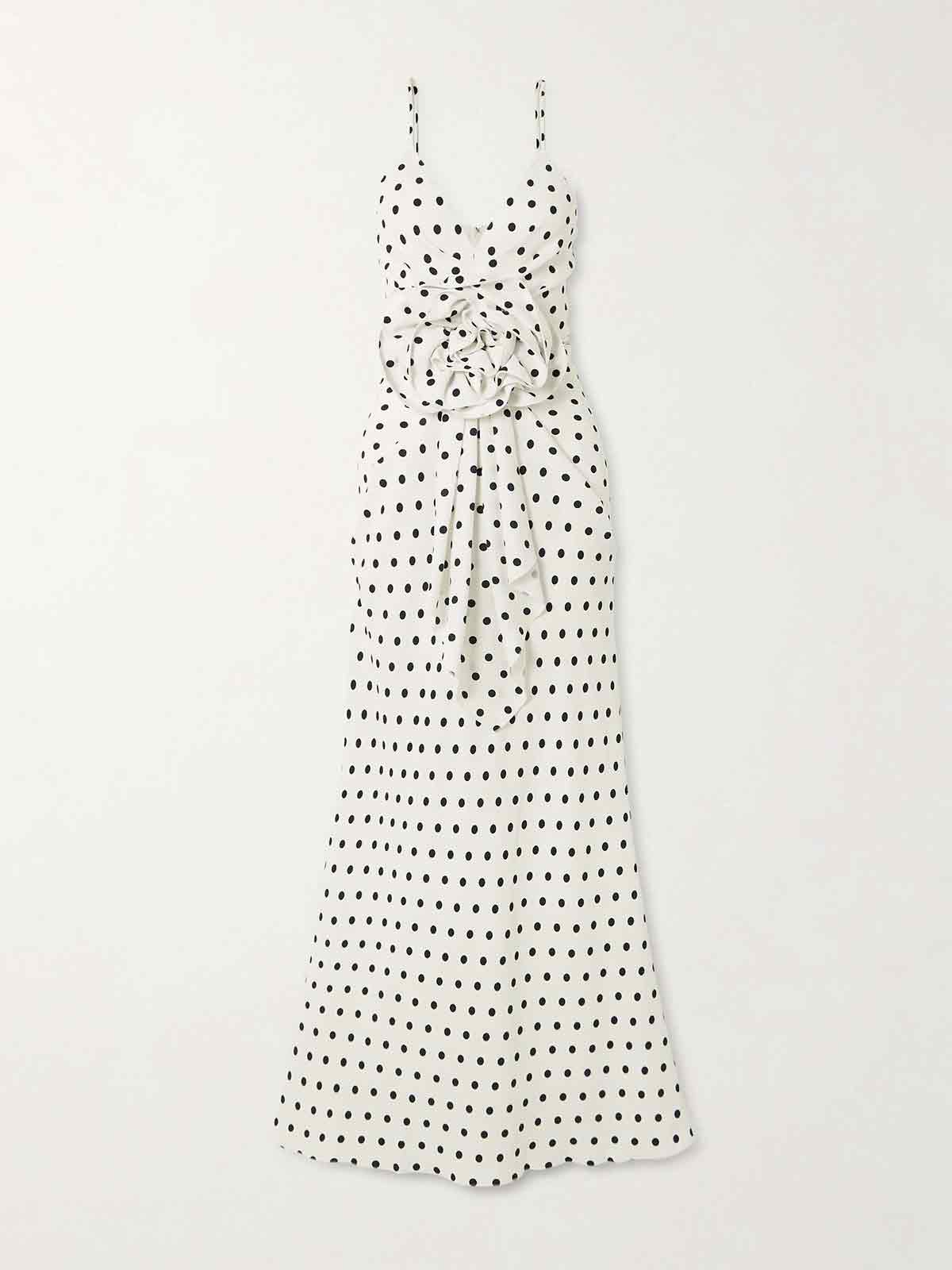 Floral-appliquéd gathered polka-dot crepe gown BALMAIN