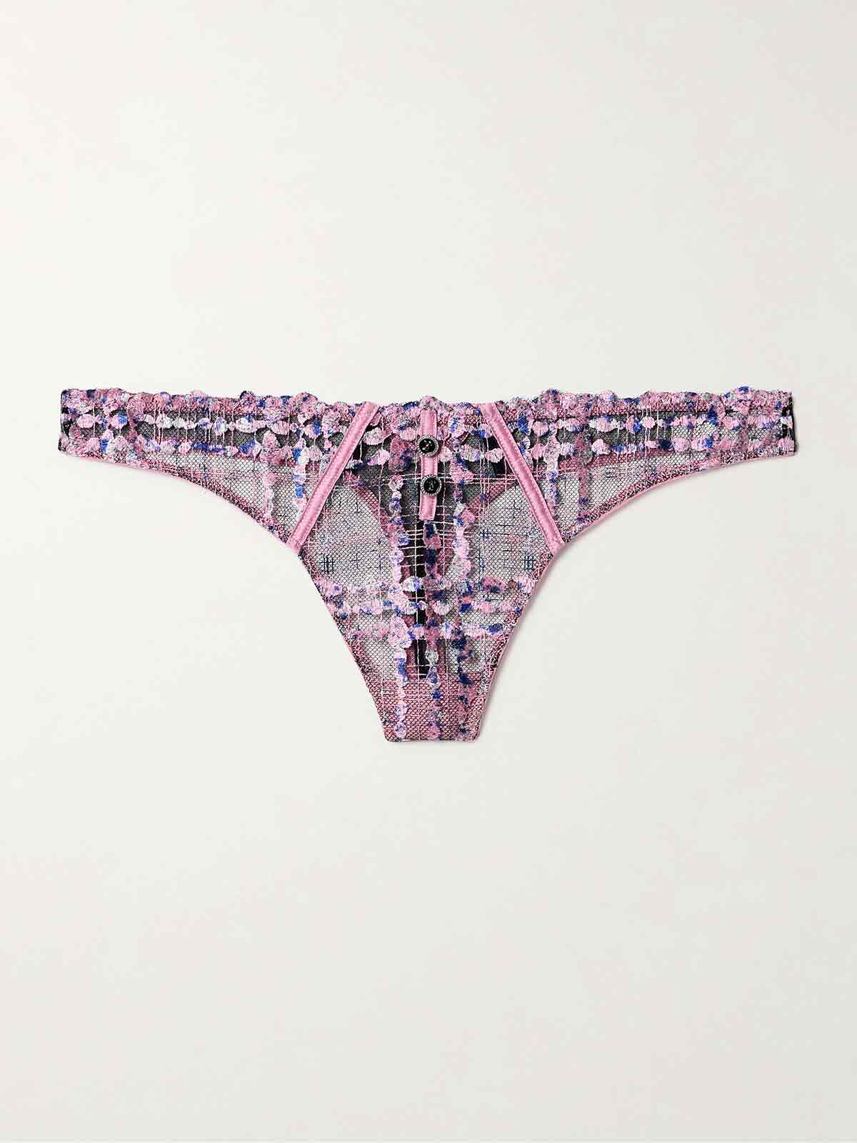 Gabrielle silk-blend satin-trimmed embroidered tulle thong FLEUR DU MAL