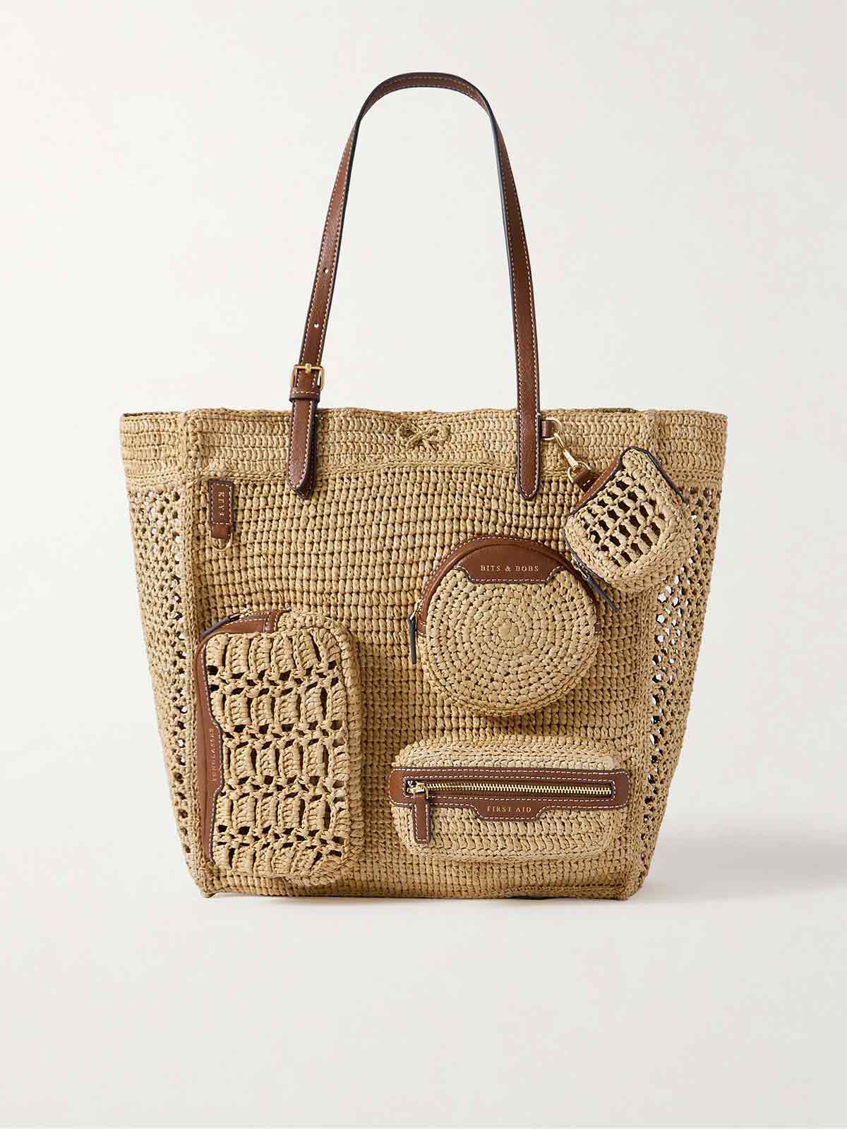 Holiday leather-trimmed raffia tote ANYA HINDMARCH