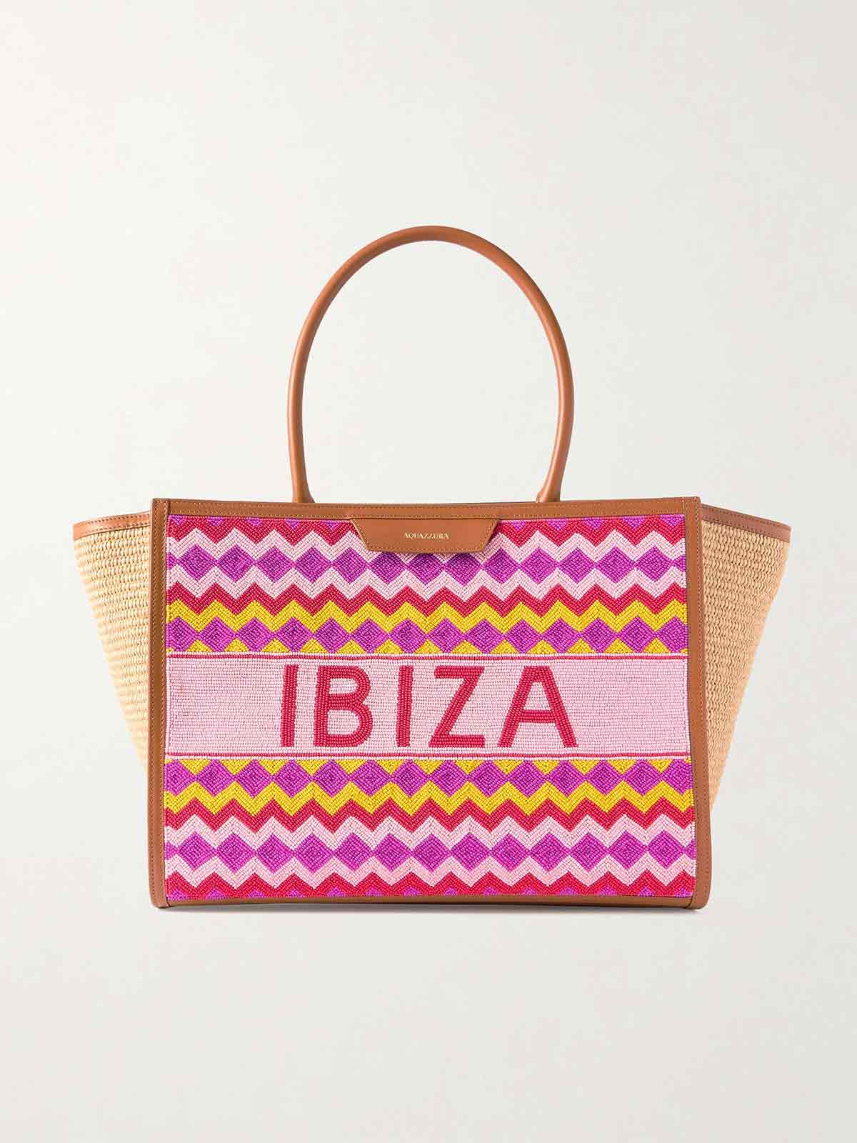 Ibiza leather-trimmed beaded raffia tote AQUAZZURA