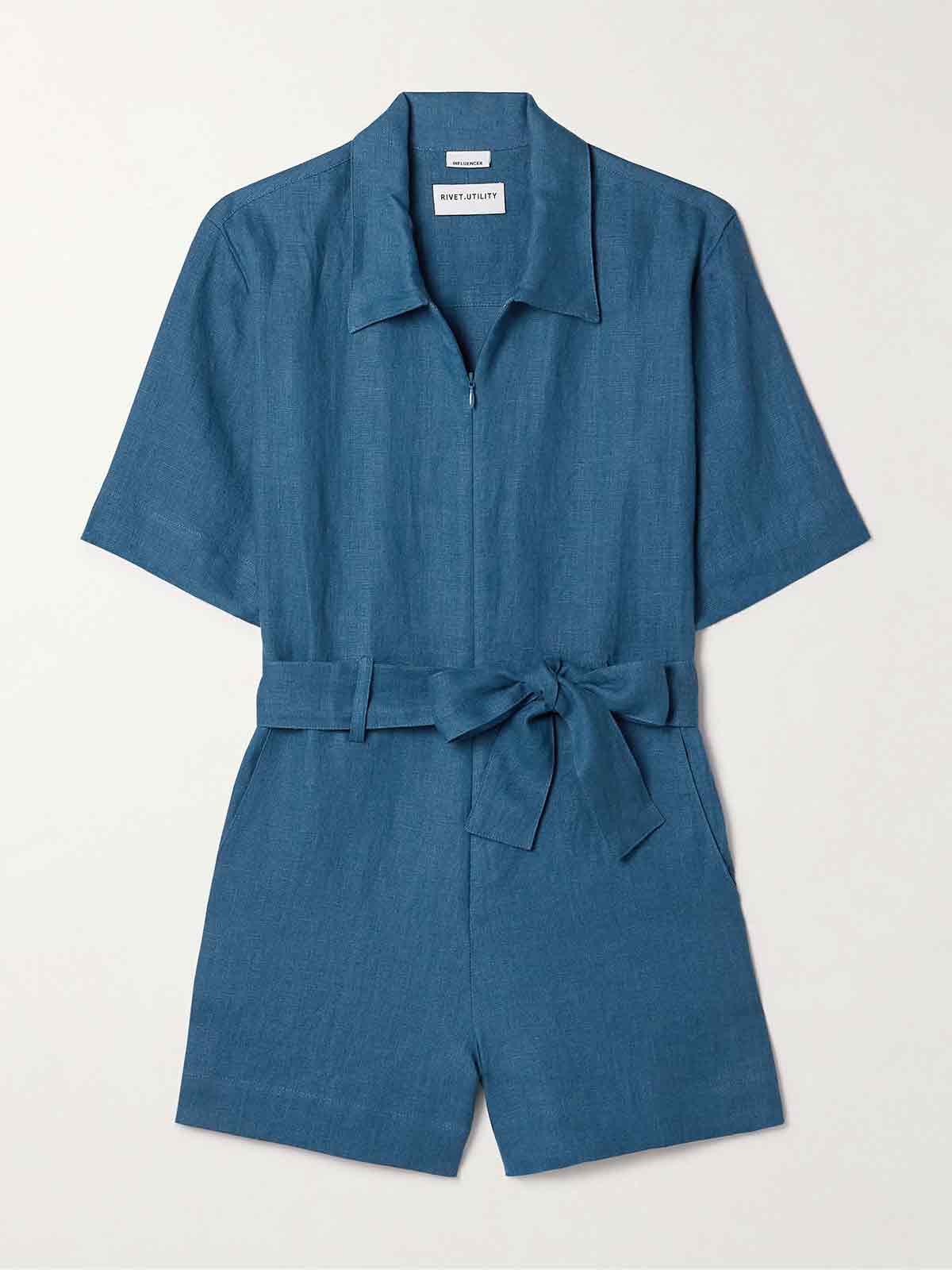 Influencer belted linen playsuit RIVET UTILITY