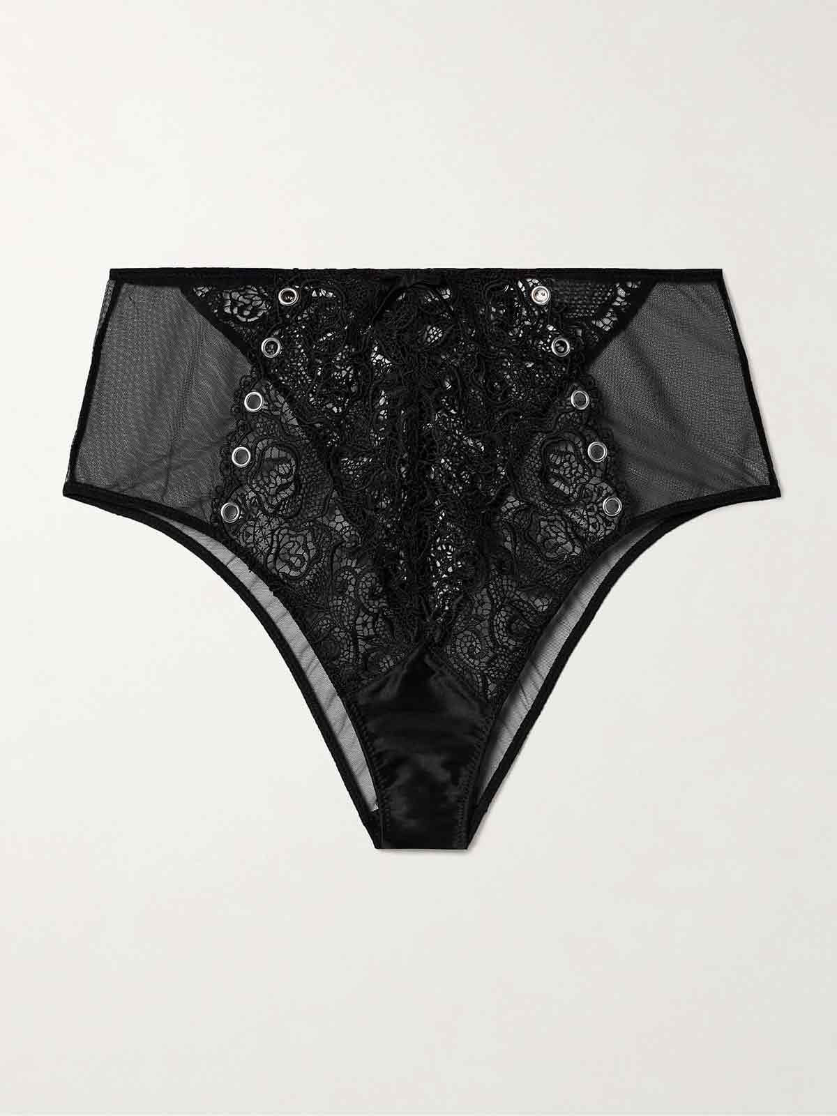 Lace-up silk-blend satin-trimmed embellished tulle and corded lace briefs FLEUR DU MAL