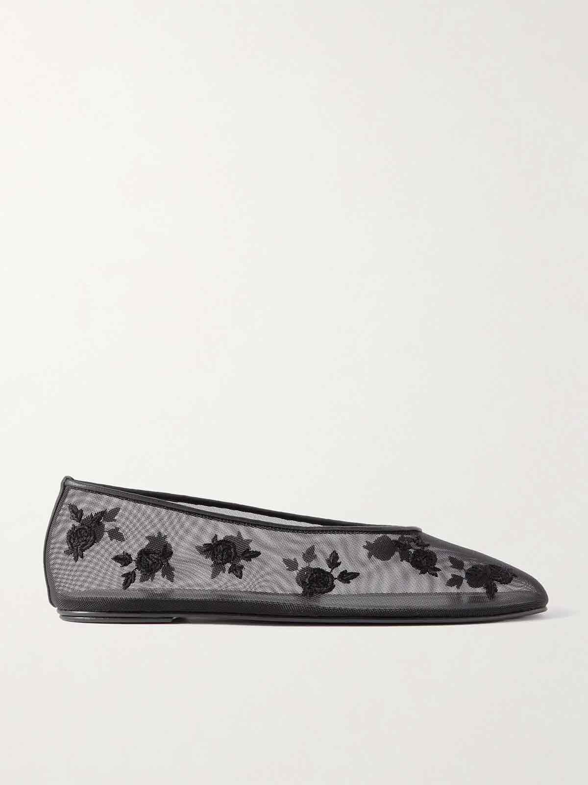 Leather-trimmed embroidered mesh ballet flats MAGDA BUTRYM