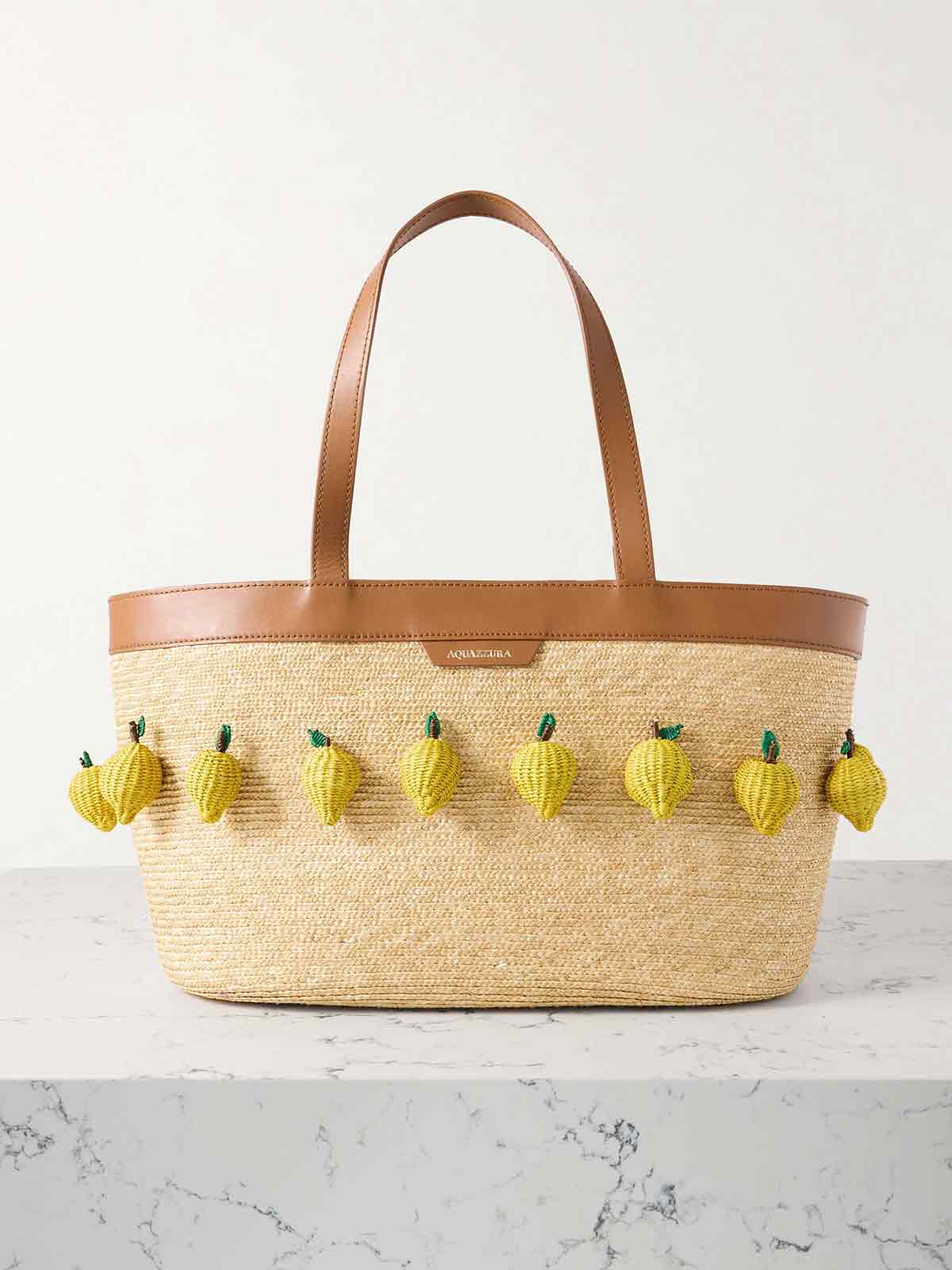 Lemon leather-trimmed embellished raffia tote AQUAZZURA