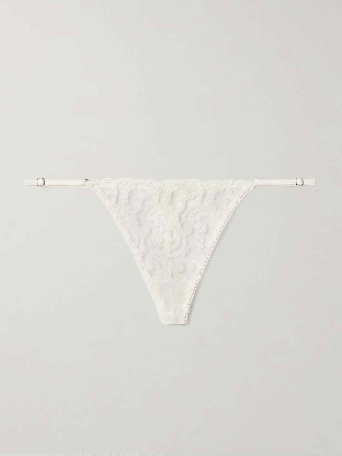 Lola satin-trimmed embroidered tulle thong KIKI DE MONTPARNASSE