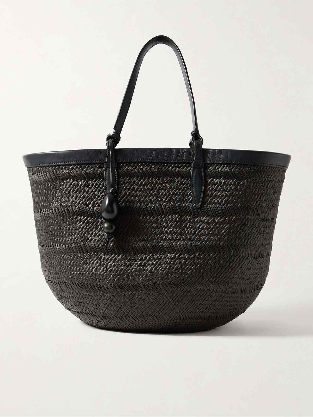 Medium leather-trimmed straw tote HUNTING SEASON