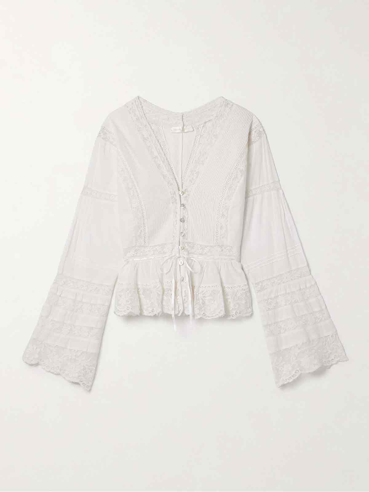 Mindy lace-trimmed pintucked cotton-voile blouse LOVESHACKFANCY