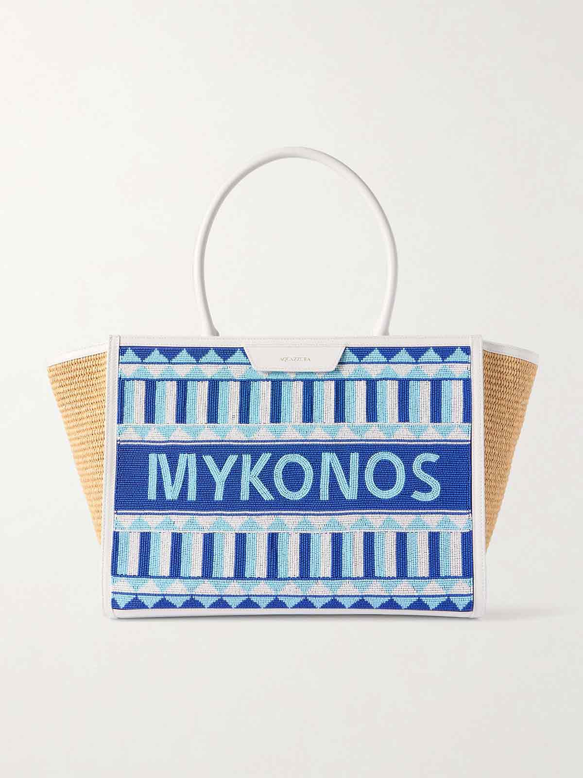 Mykonos leather-trimmed beaded raffia tote AQUAZZURA