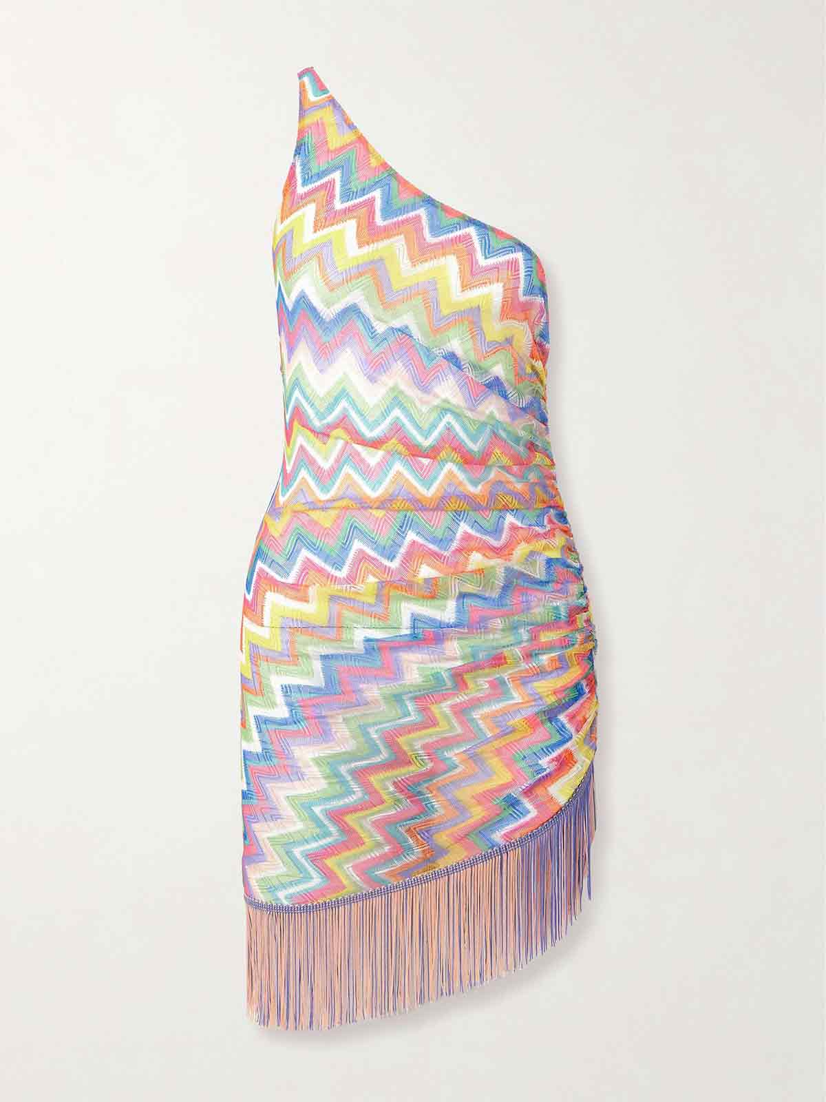 One-shoulder fringed striped crochet-knit mini dress MISSONI