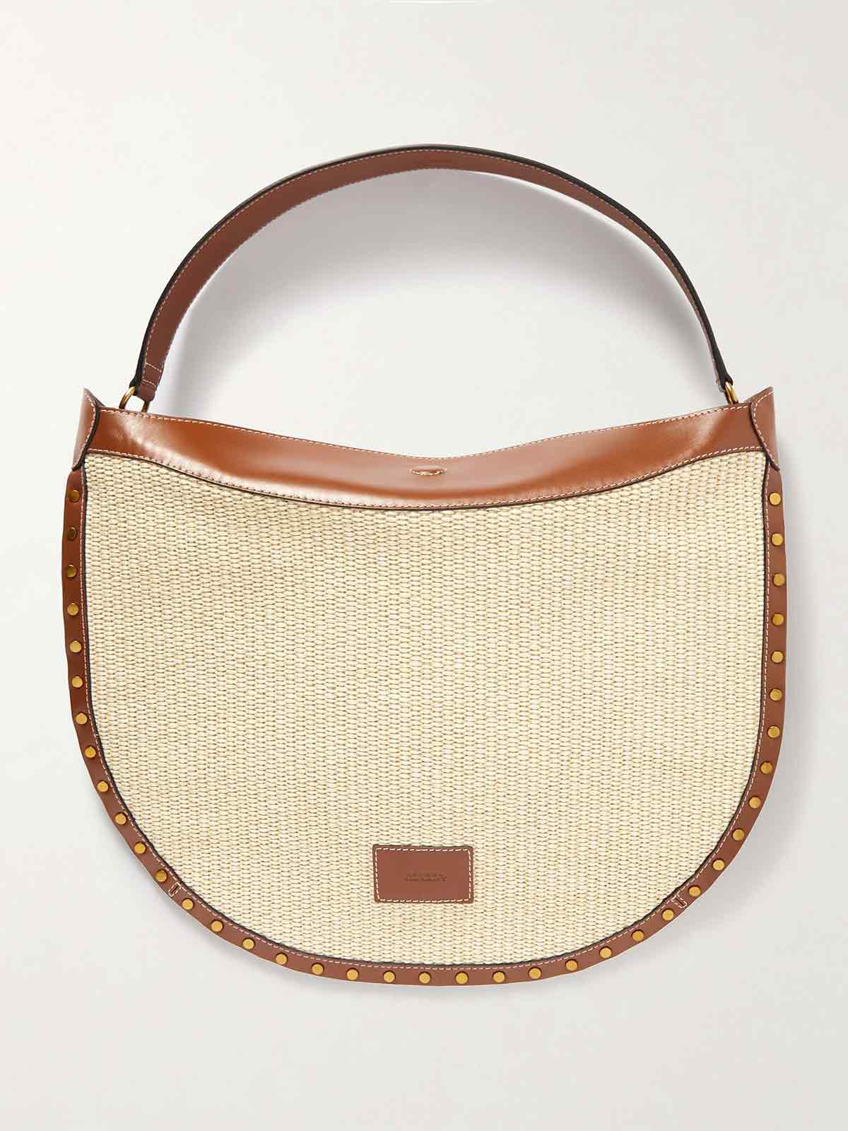 Oskan studded leather-trimmed raffia shoulder bag ISABEL MARANT