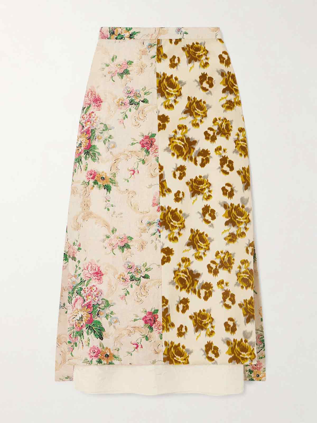 Paneled printed linen and cotton-velvet midi skirt ERDEM