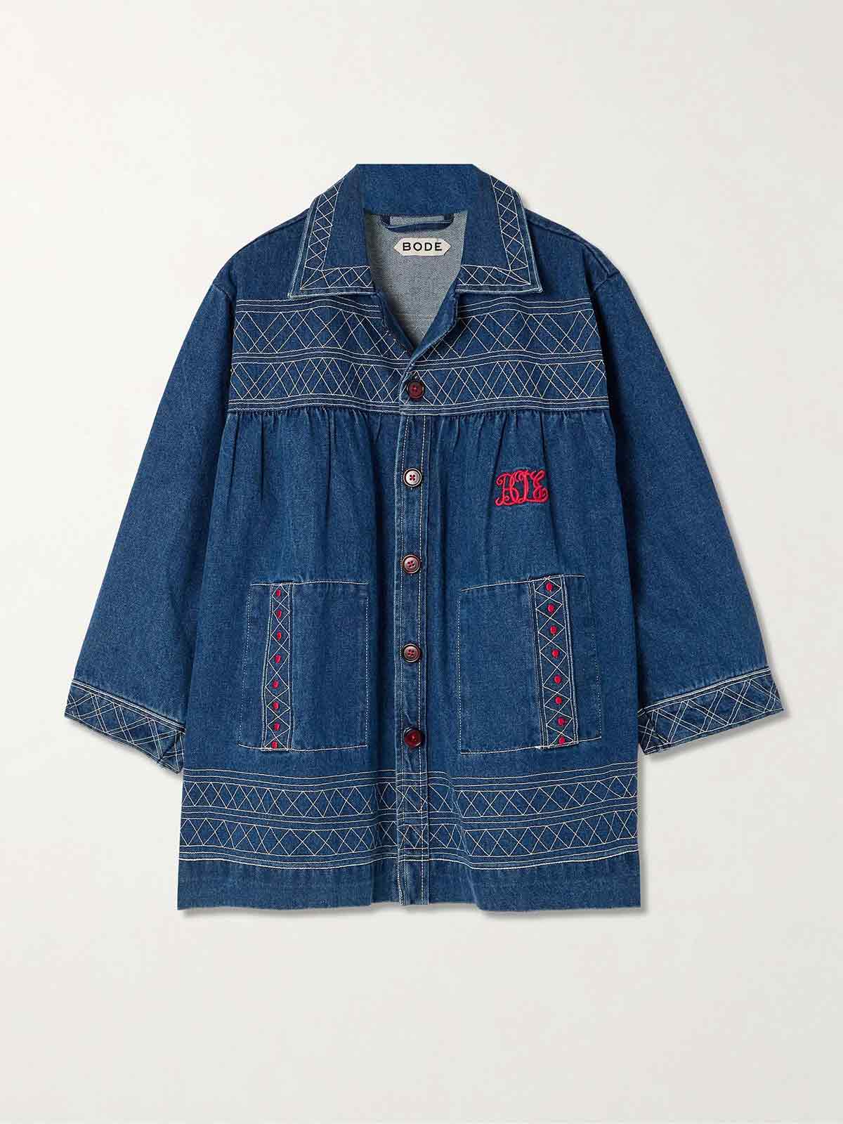 Quincy gathered embroidered denim jacket BODE