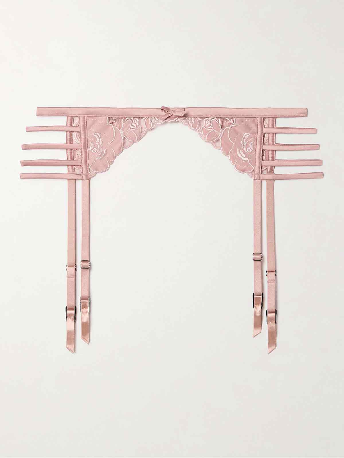 Rose cutout silk-blend satin-trimmed embroidered tulle suspender belt FLEUR DU MAL