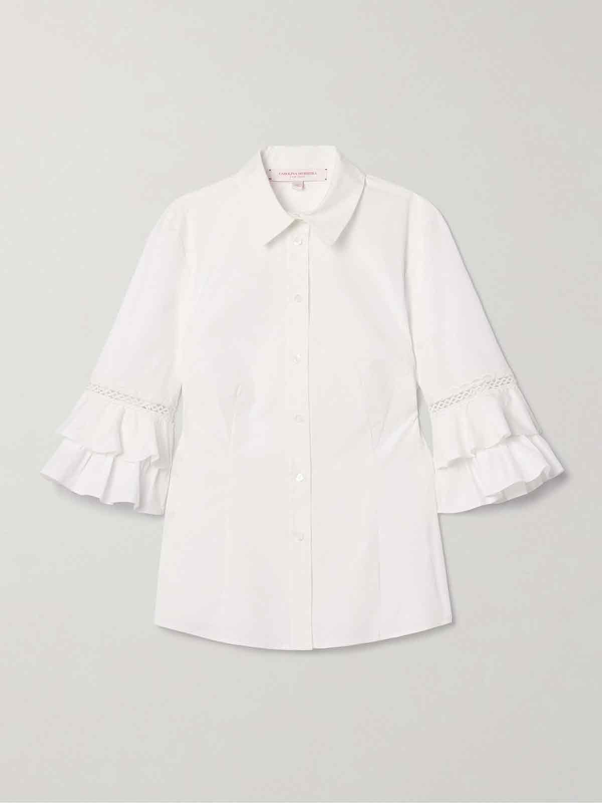 Ruffled crochet-trimmed cotton-blend poplin shirt CAROLINA HERRERA