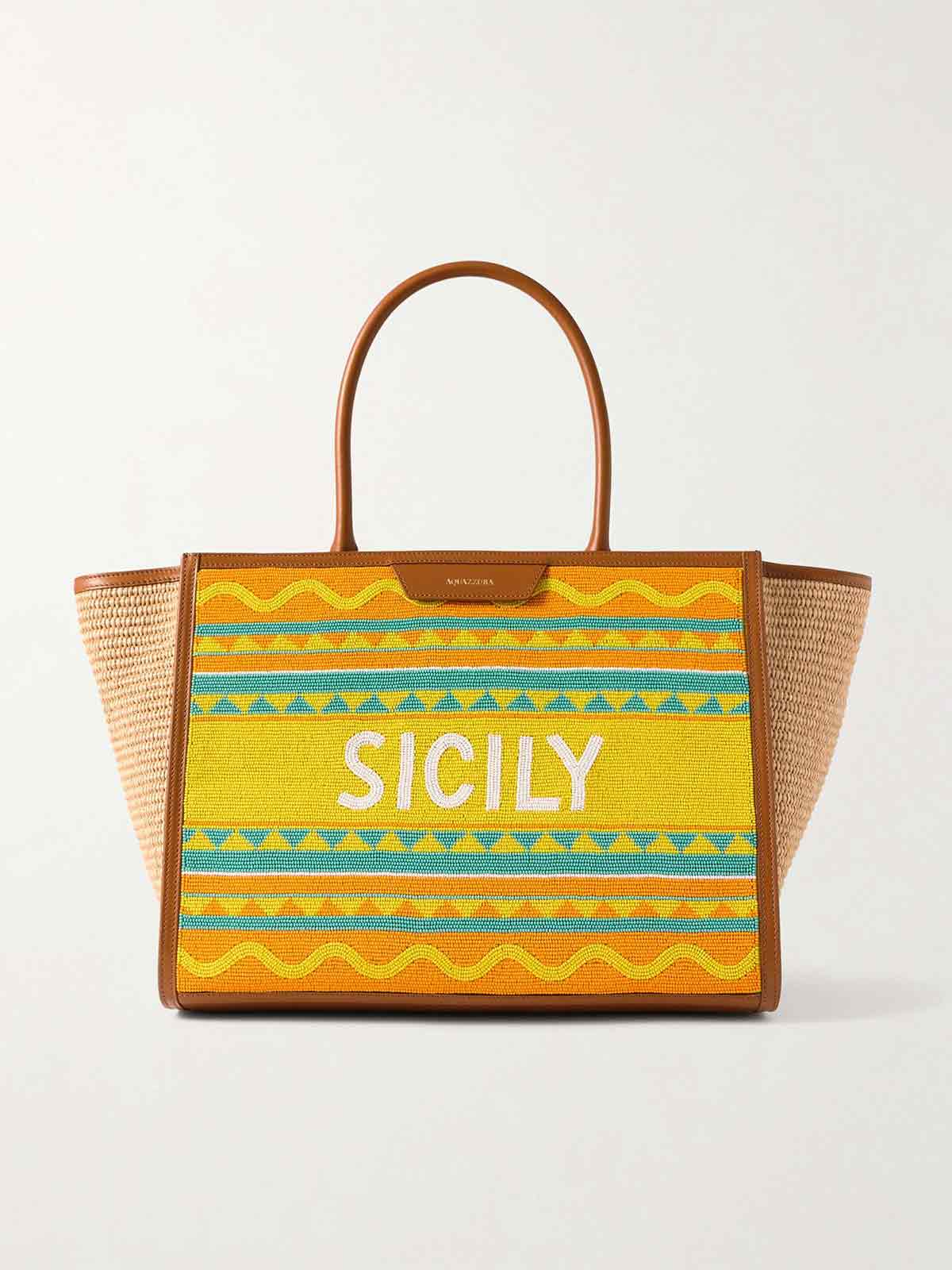 Sicily leather-trimmed beaded raffia tote AQUAZZURA