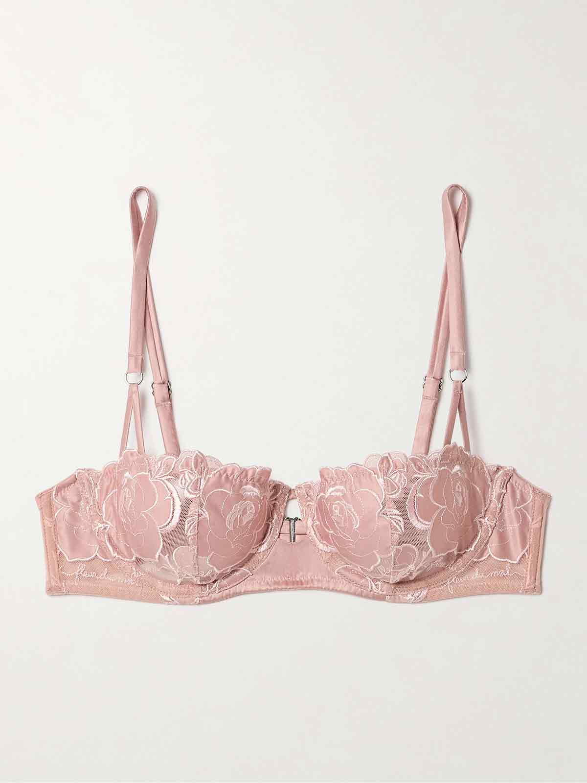 Silk-blend satin-trimmed embroidered tulle underwired soft-cup balconette bra FLEUR DU MAL