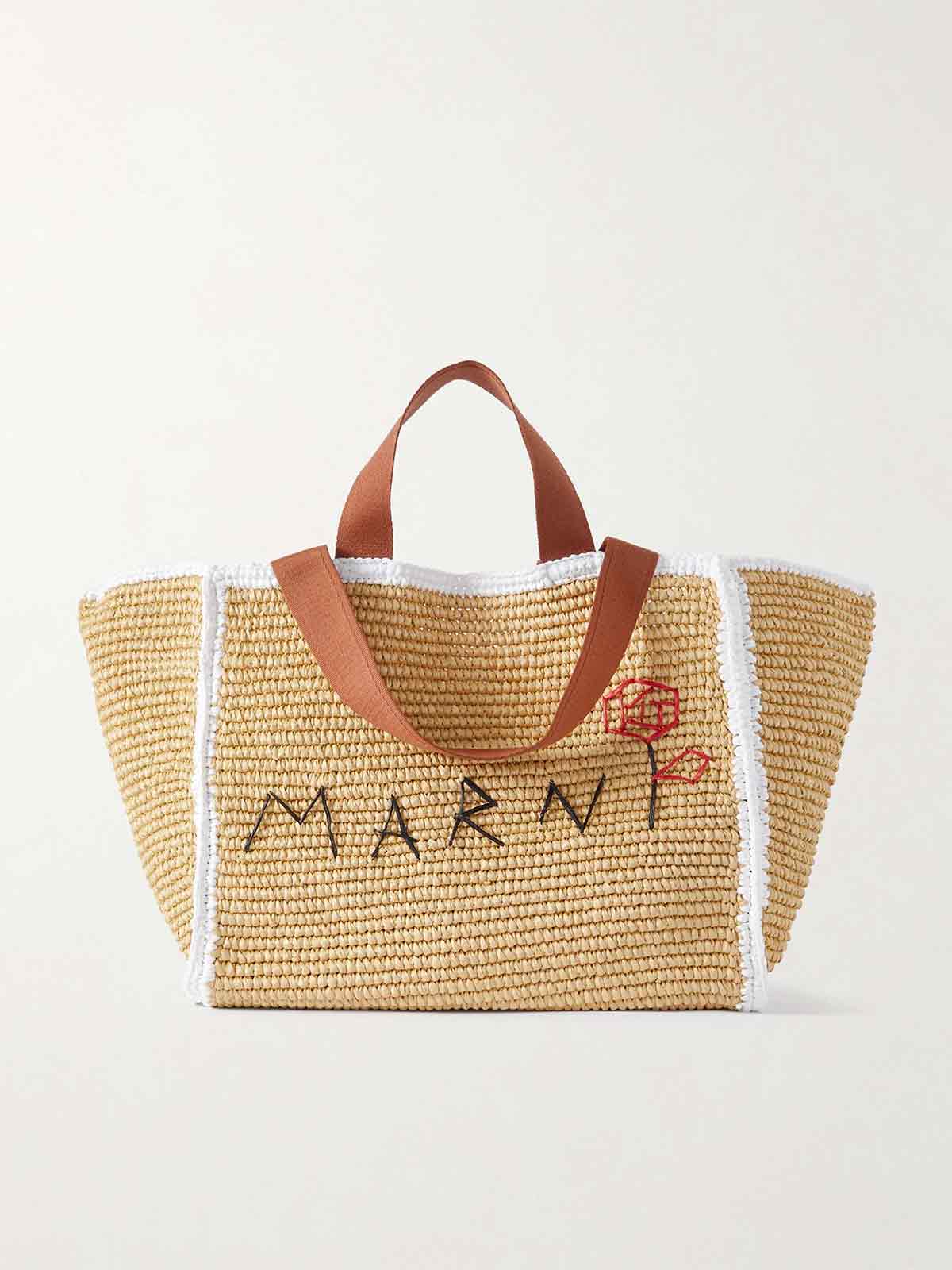 Sillo medium webbing-trimmed embroidered raffia tote bag MARNI