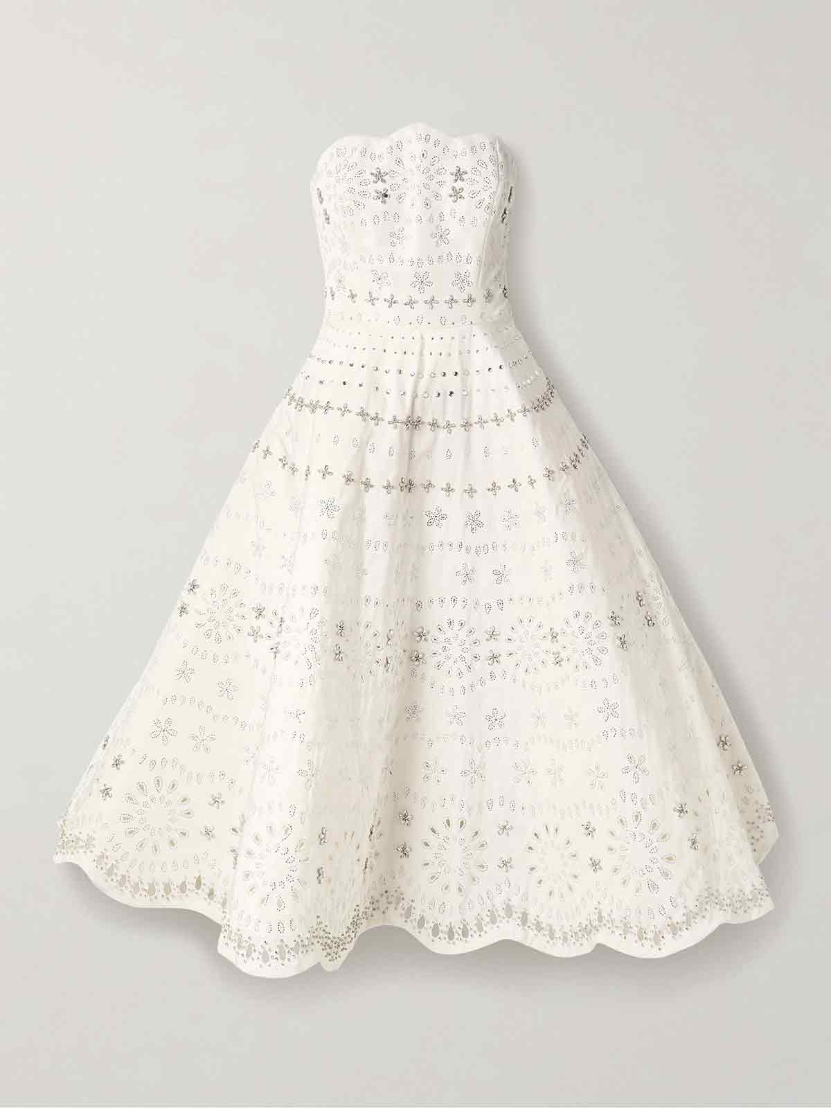 Strapless crystal-embellished broderie anglaise faille midi dress OSCAR DE LA RENTA