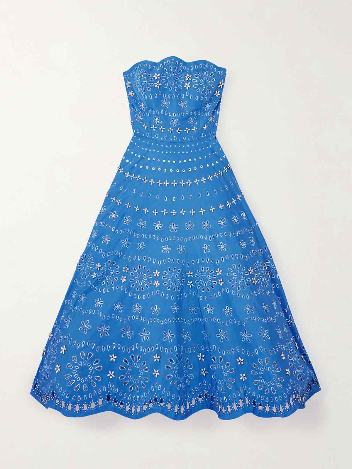 Strapless crystal-embellished broderie anglaise twill midi dress OSCAR DE LA RENTA