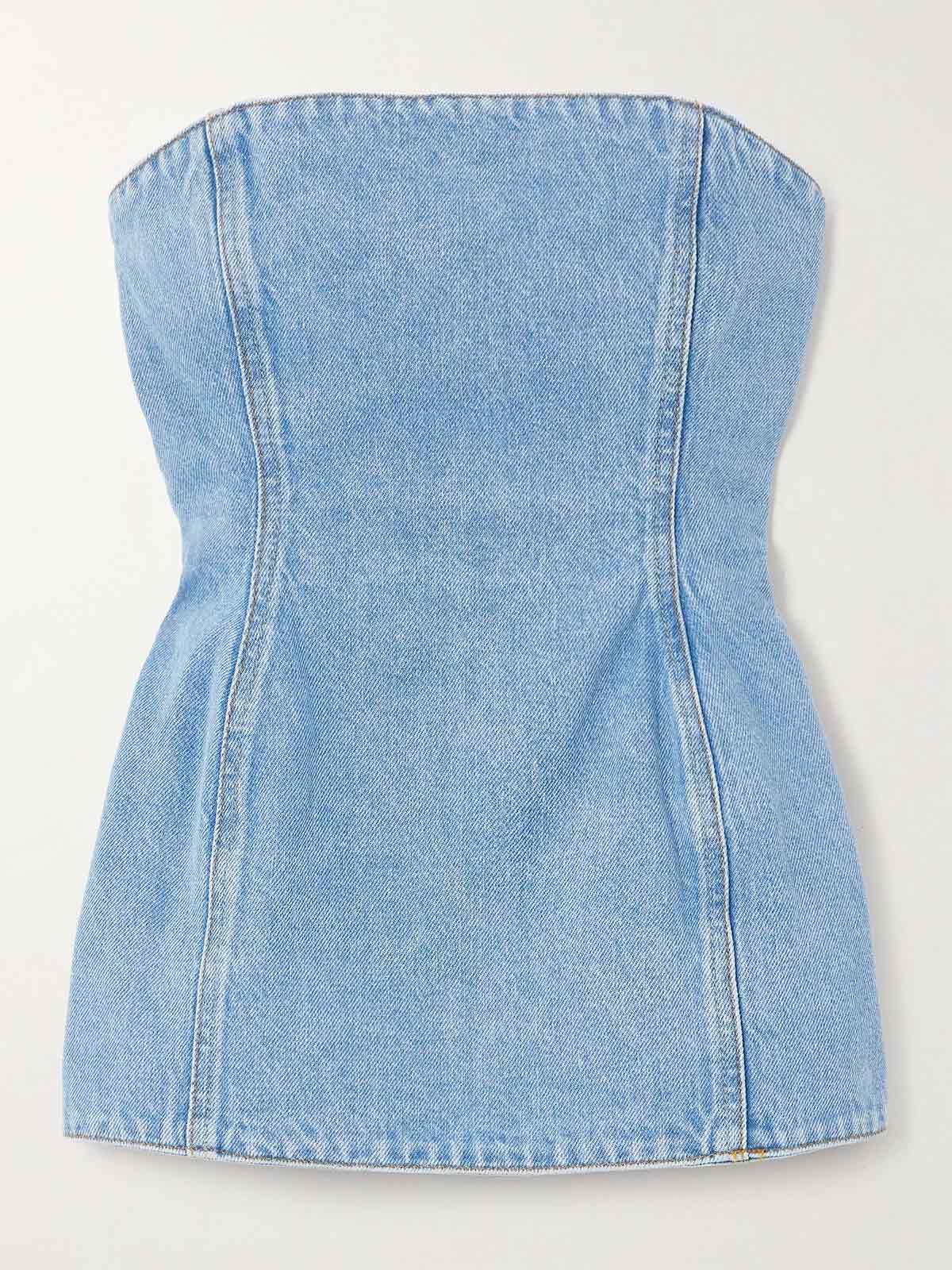 Strapless shirred paneled denim bustier top MAGDA BUTRYM