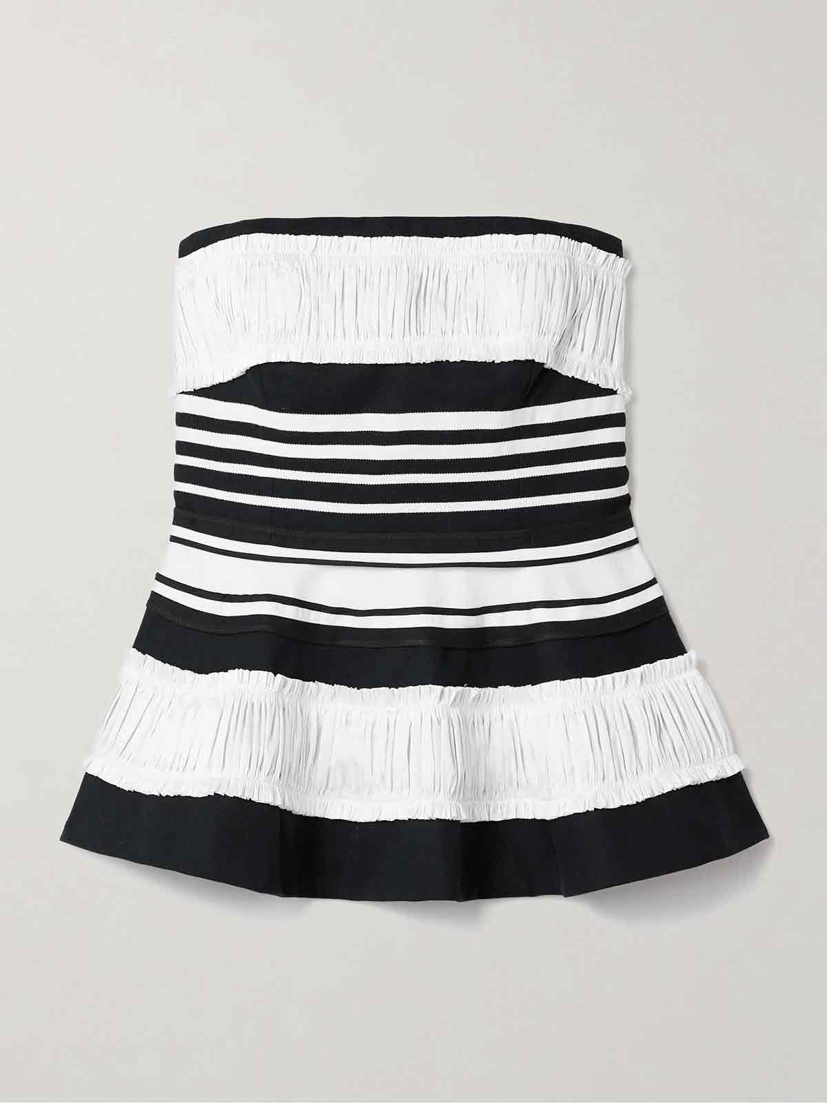 Strapless striped taffeta and grosgrain-trimmed cotton and silk-blend twill peplum top CHRISTOPHER JOHN ROGERS