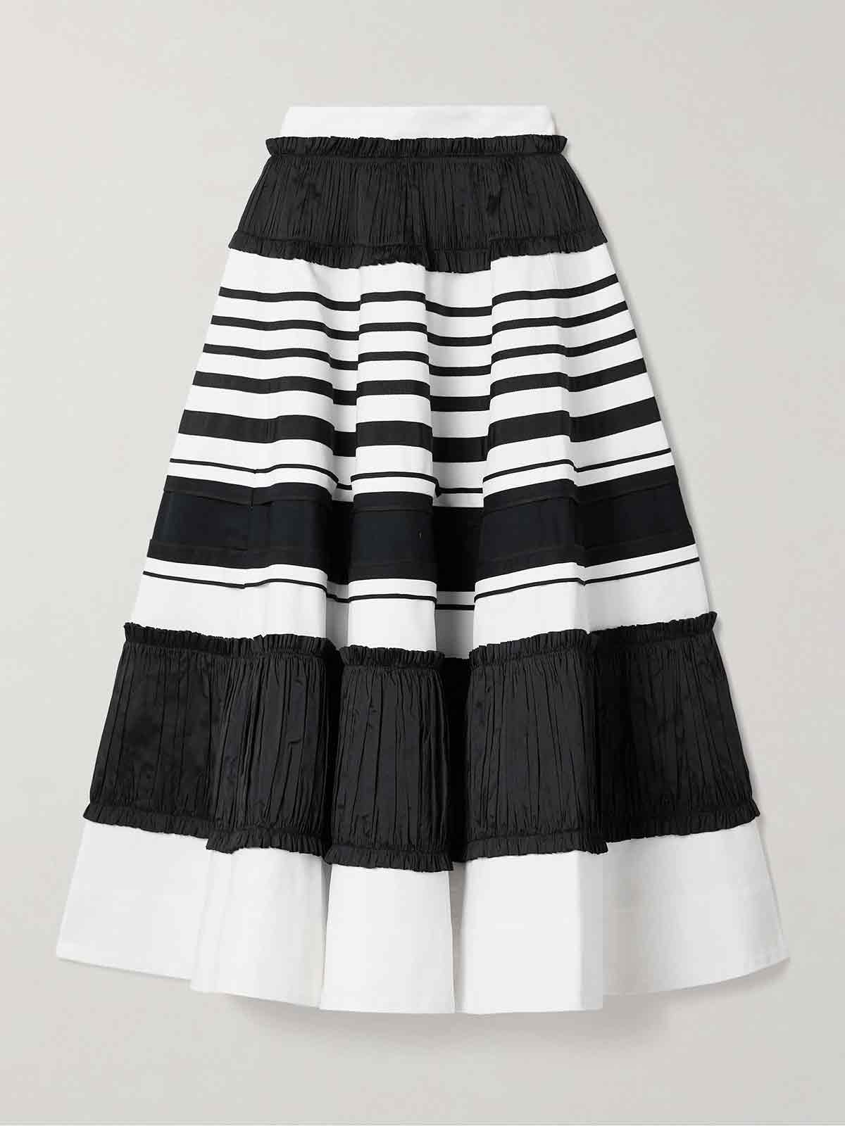 Striped taffeta and grosgrain-trimmed cotton and silk-blend twill midi skirt CHRISTOPHER JOHN ROGERS