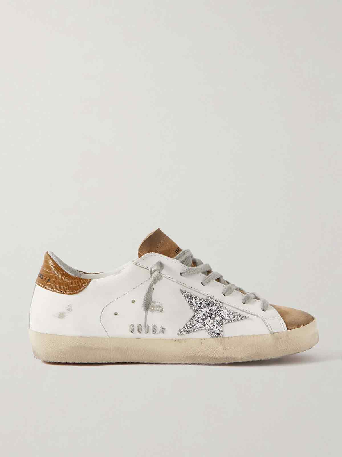 Superstar glittered distressed leather and suede sneakers GOLDEN GOOSE