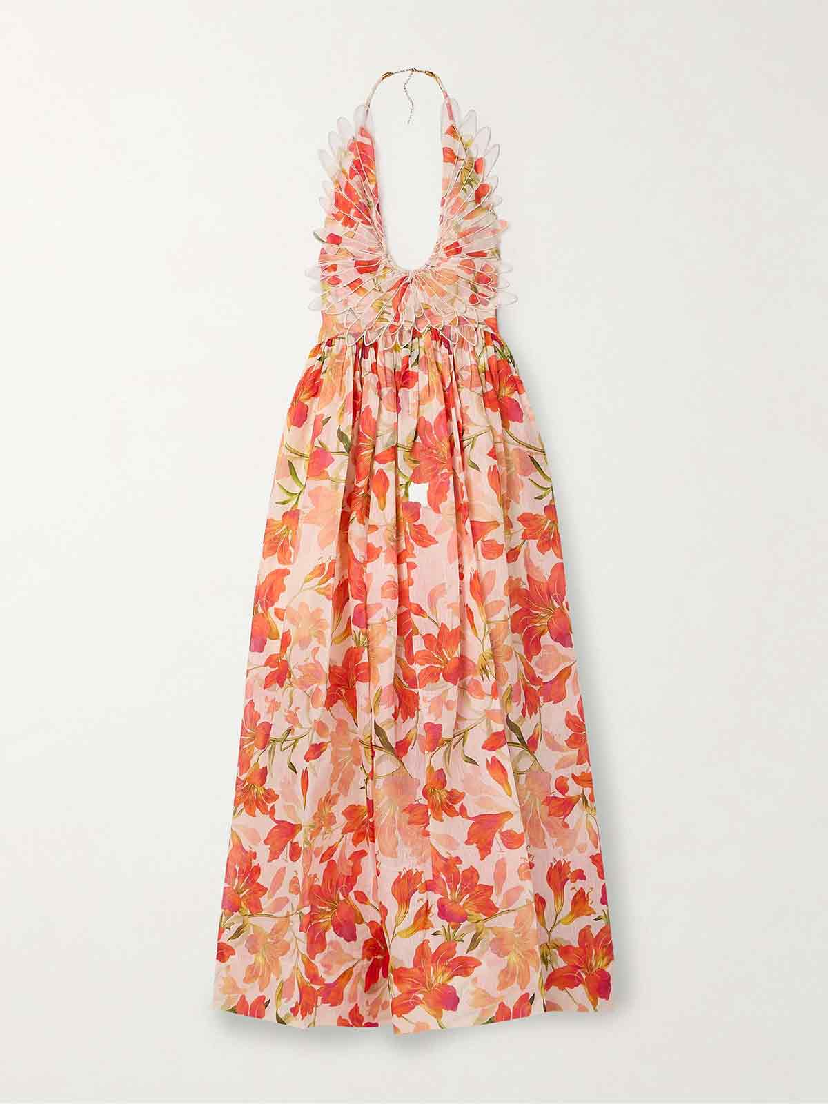 Tranquility appliquéd mesh-trimmed floral-print linen and silk-blend halterneck maxi dress ZIMMERMANN