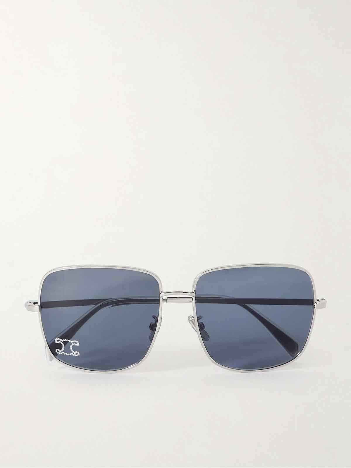 Triomphe crystal-embellished square-frame silver-tone sunglasses CELINE EYEWEAR