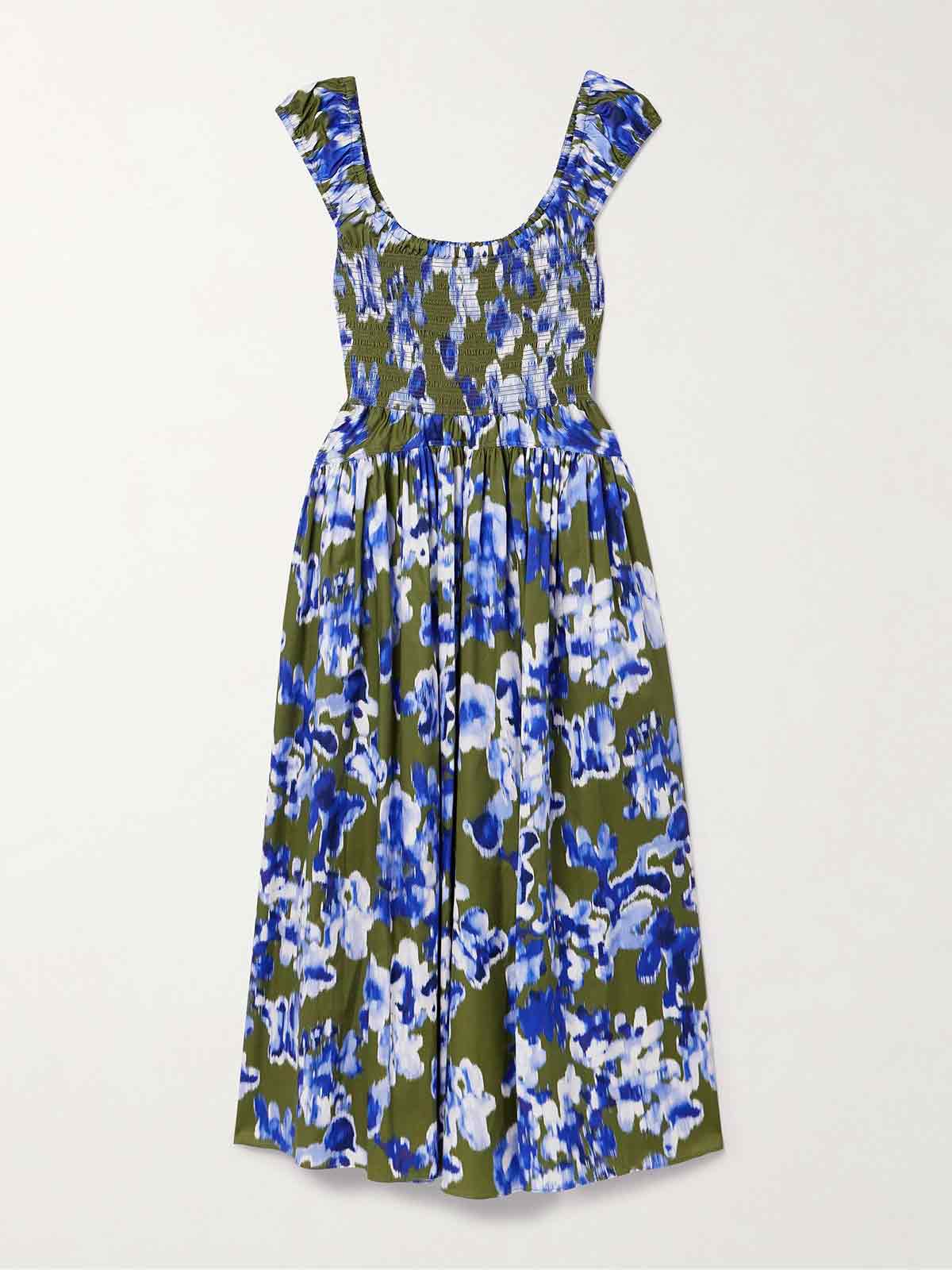 Vivian shirred printed cotton-sateen midi dress LA LIGNE