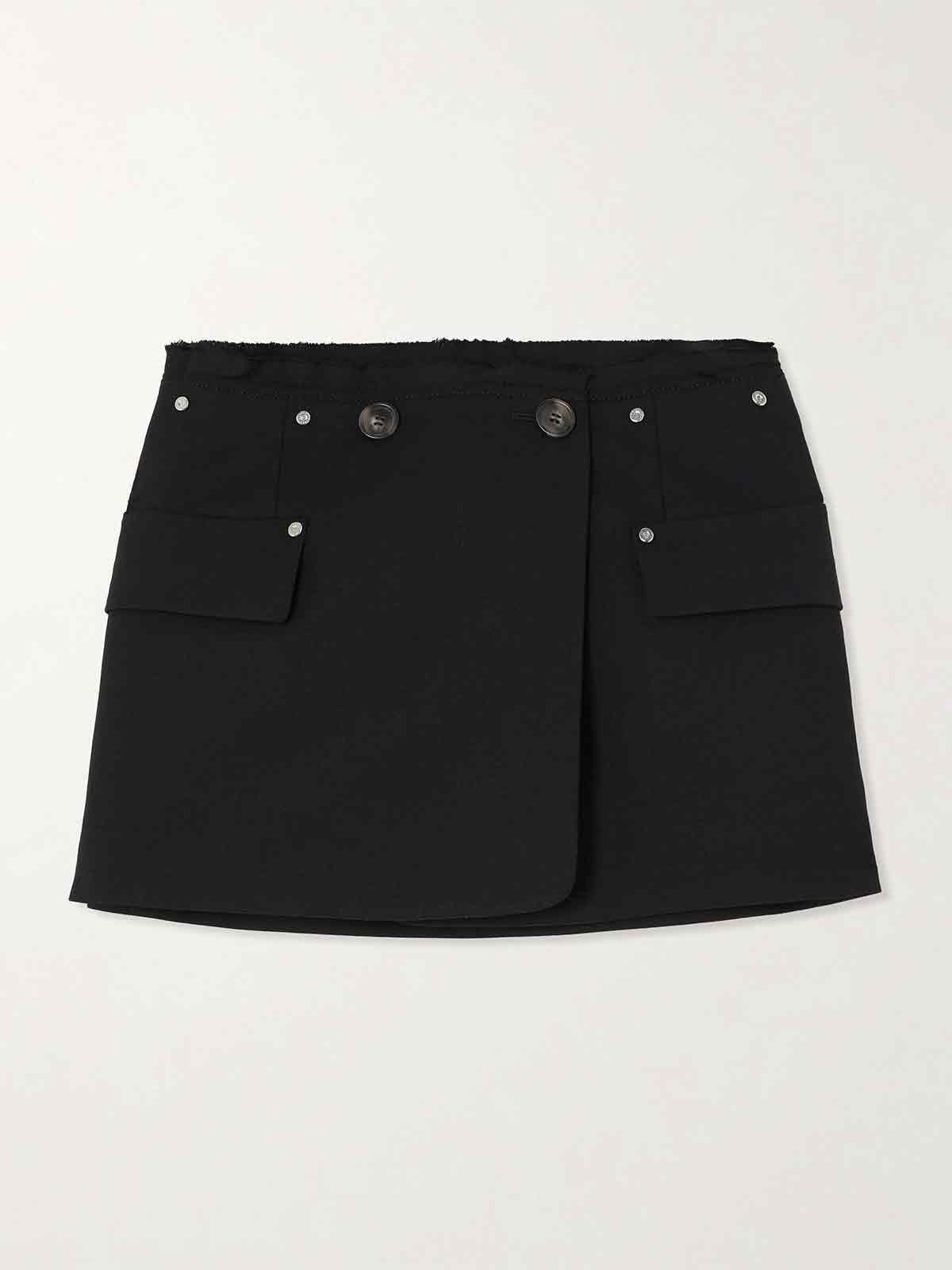 Wrap-effect embellished frayed wool-blend mini skirt DION LEE