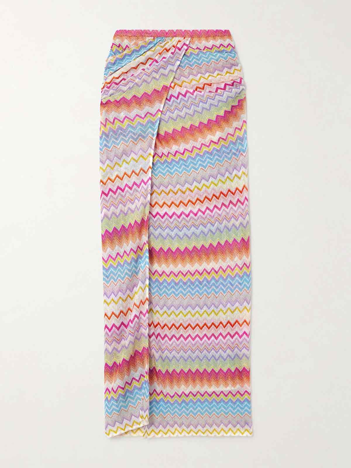 Wrap-effect layered striped metallic crochet-knit maxi skirt MISSONI