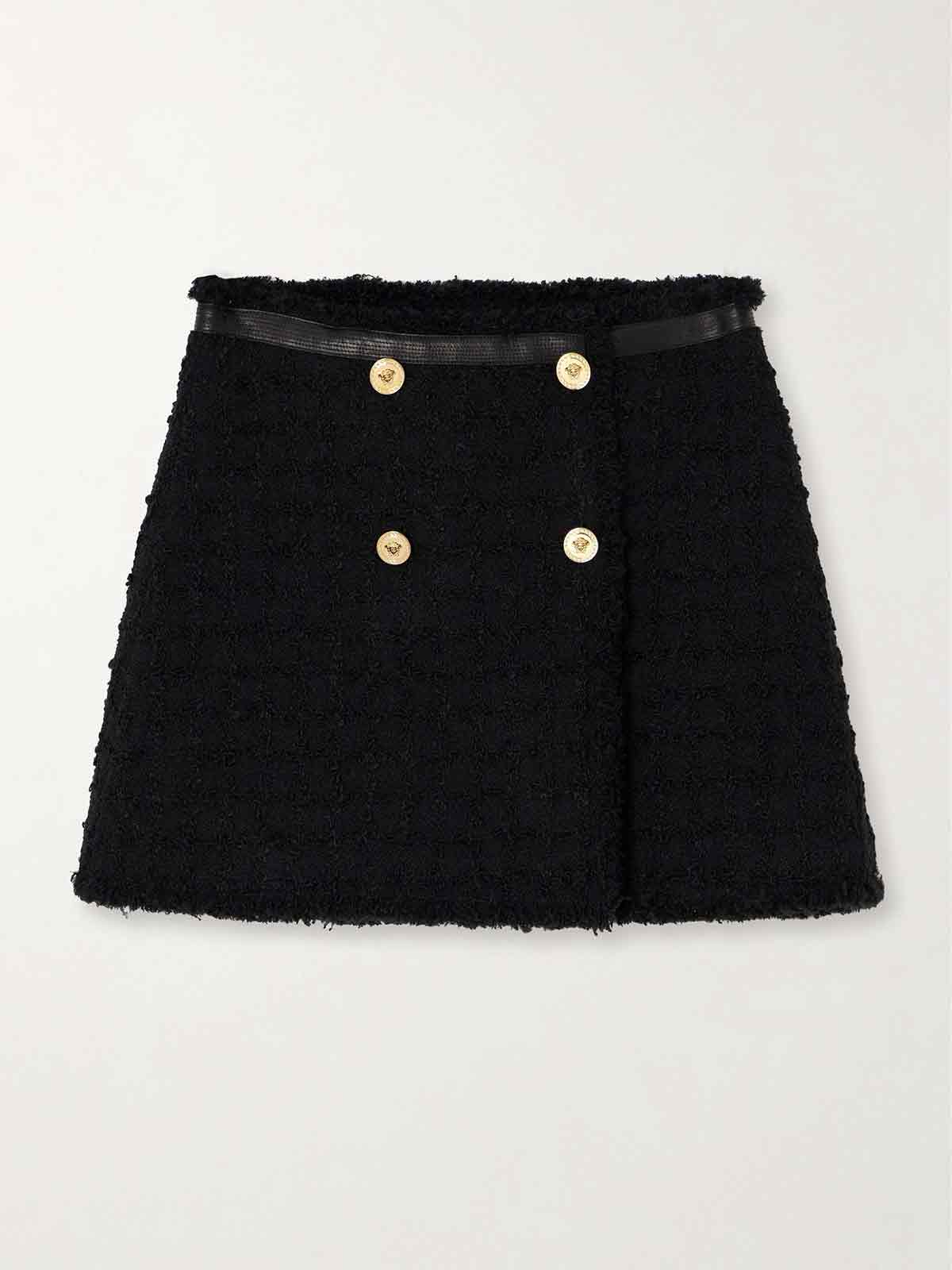 Wrap-effect leather-trimmed checked wool-blend bouclé-tweed mini skirt VERSACE