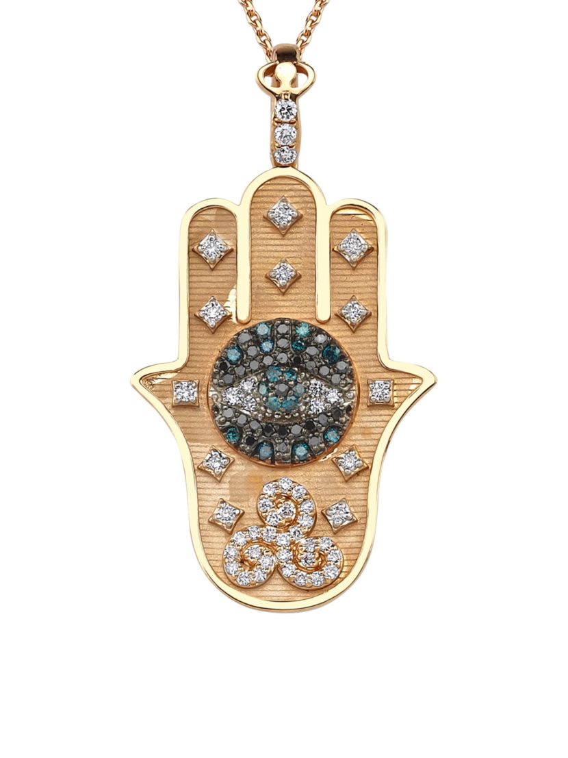 Bee Goddess Hamsa 14K Yellow Gold, 14K Rose Gold & Multicolor Diamond Necklace