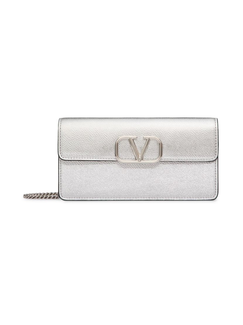 Valentino Garavani VLogo Signature Metallic Grainy Calfskin Wallet with Chain