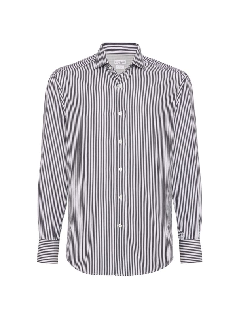 Brunello Cucinelli Striped Poplin Slim Fit Shirt with Spread Collar