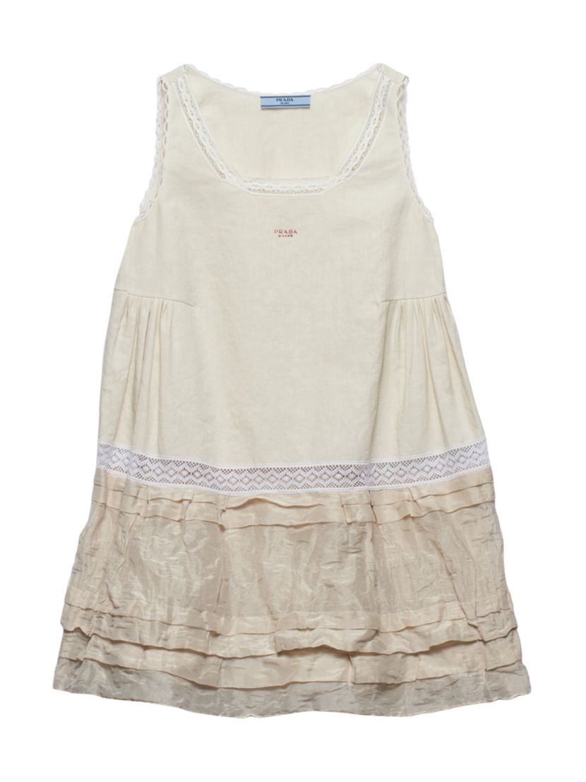 Prada Embroidered Linen and Antique Silk Mini-Dress