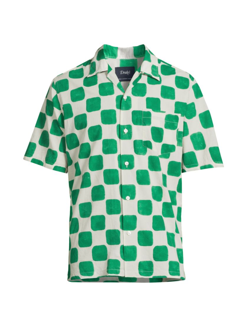 Drake's Camp Collar Checkerboard Block Print Shirt