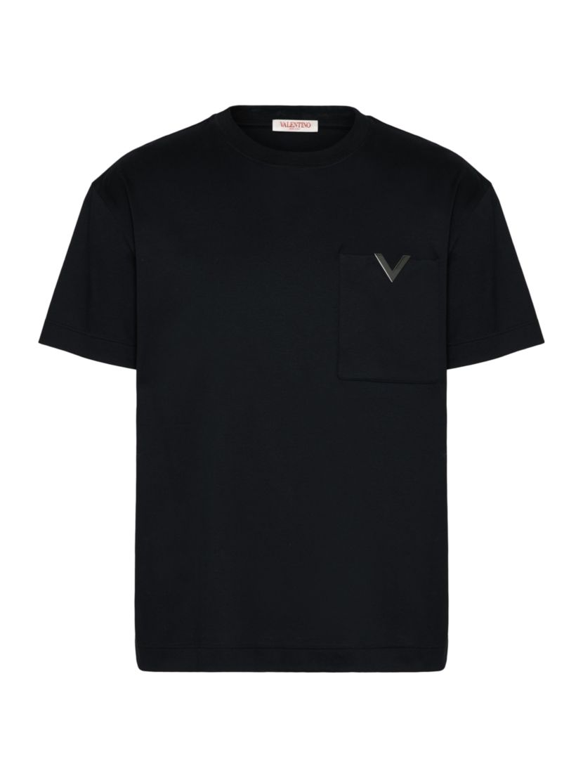 Valentino Garavani Cotton T-Shirt with Metallic V Detail